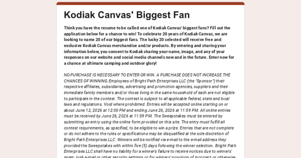 Kodiak Canvas Biggest Fan Sweepstakes – 20 Winners
