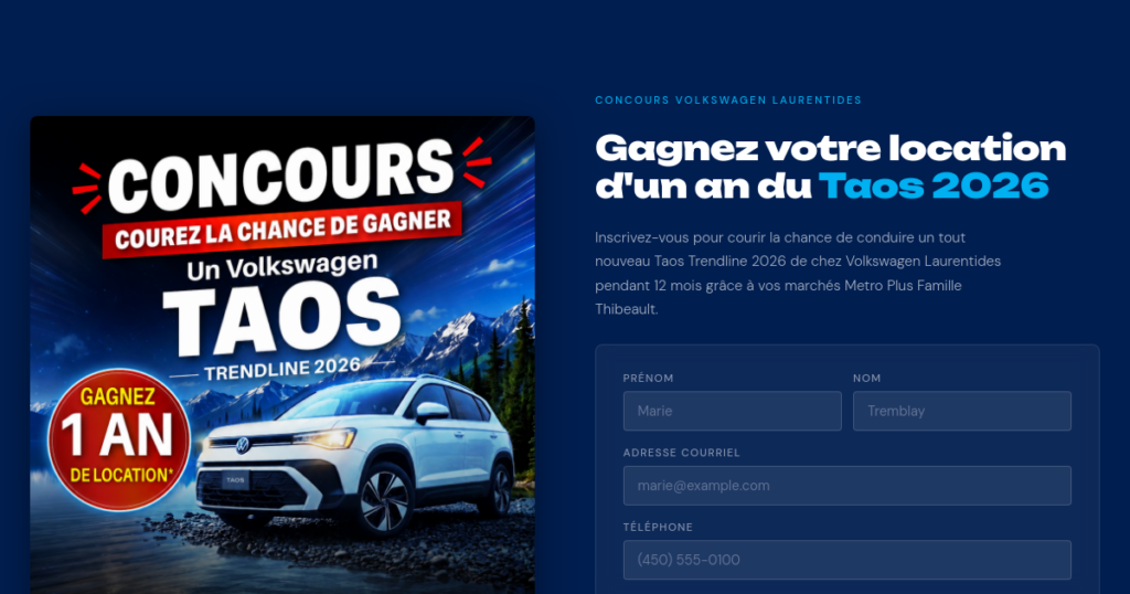 Volkswagen Laurentides a one-year lease of a 2026 Volkswagen Taos Trendline Giveaway