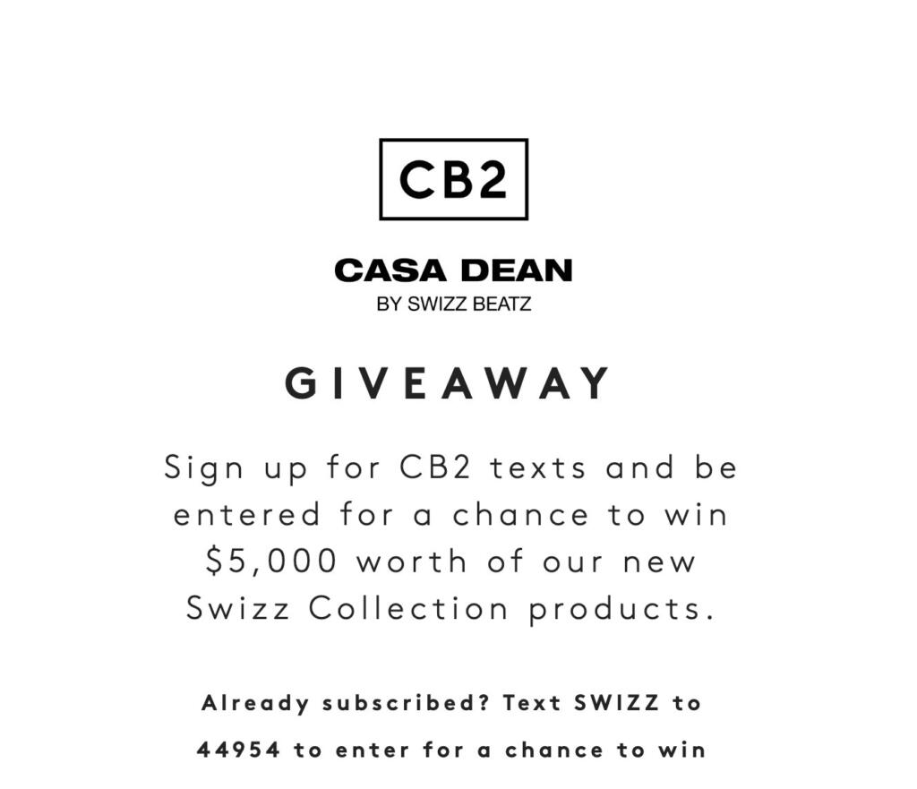 CB2 Text to Join Sweepstakes