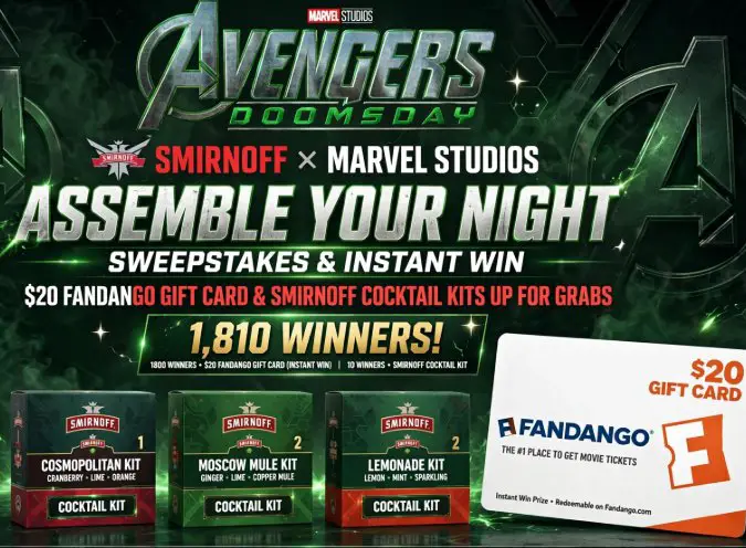 Smirnoff Assemble Your Night Sweepstakes & Instant Win – $20 Fandango Gift Card & SMIRNOFF Cocktail Kits Up For Grabs (1810 Winners)